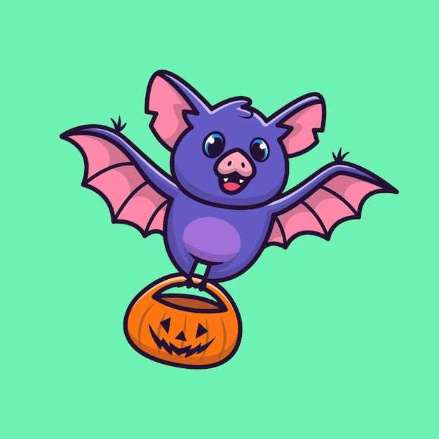 Cute Bat With Pumpkin Halloween Cartoon   Icon Illustration. Animal Halloween Icon Concept Isolated  . Flat Cartoon Style