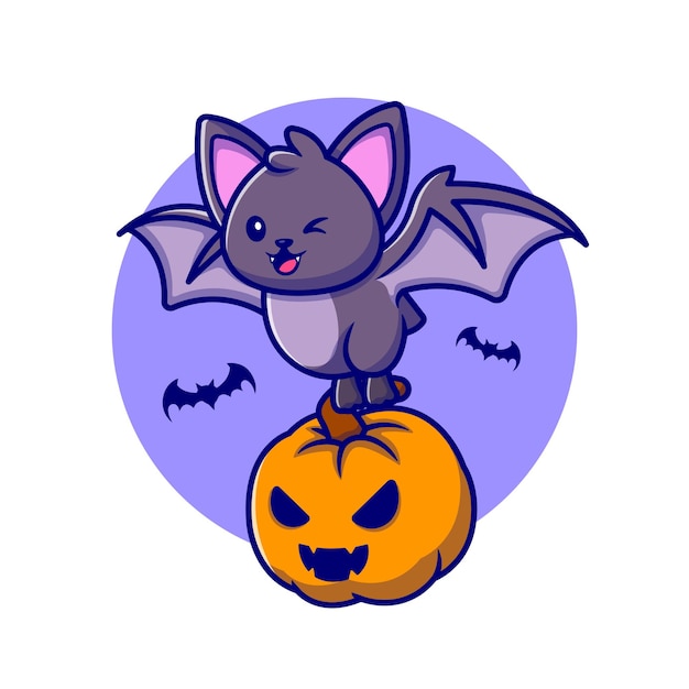 Cute Bat With Pumpkin Halloween Cartoon Icon Illustration.