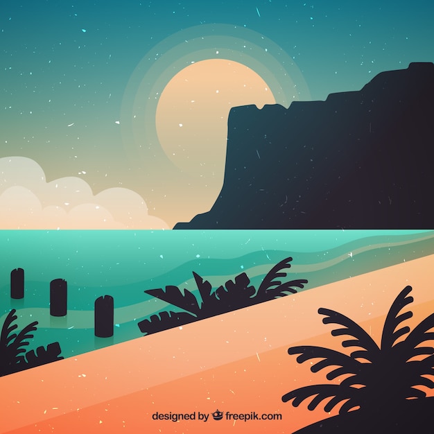 Free vector cute beach at sunset background