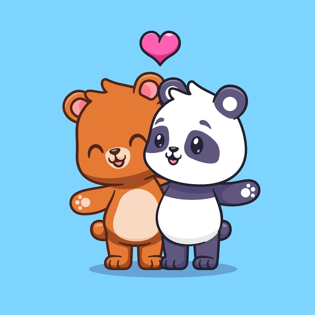 Милый медведь и панда пара вместе мультфильм вектор значок иллюстрации. изолированная икона любви к животным