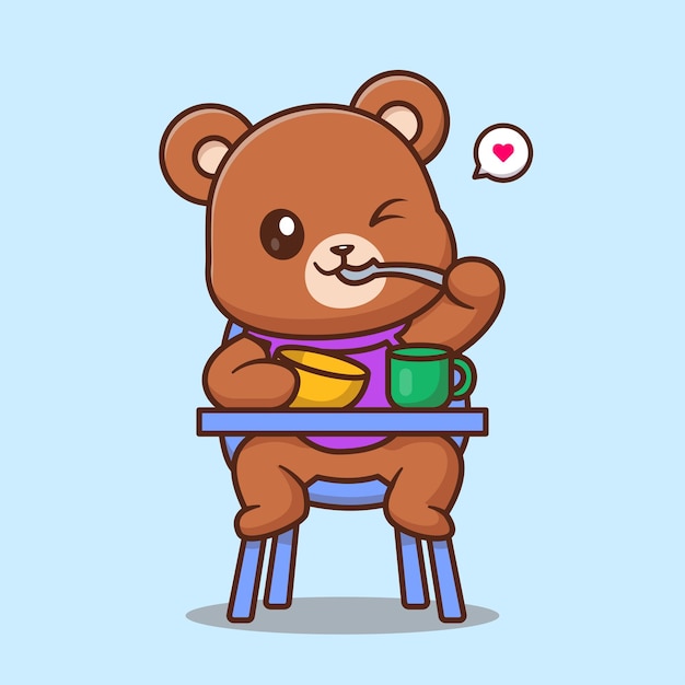 Free vector cute bear baby eating porridge on baby seat cartoon vector icon illustration animal food isolated