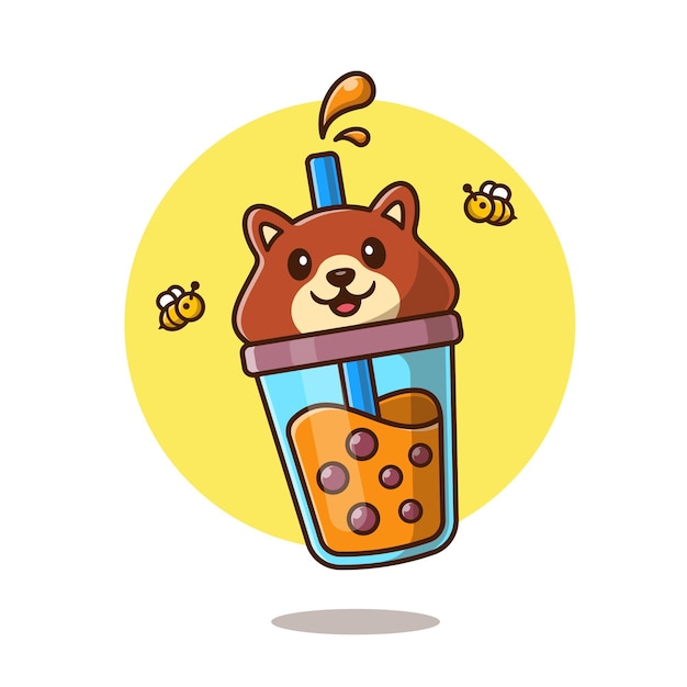 Cute Bear Boba Milk Tea With Bee Cartoon   Icon Illustration. Animal Drink Icon Concept Isolated    . Flat Cartoon Style