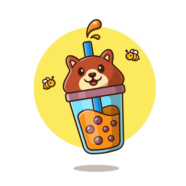 꿀벌 만화 아이콘 일러스트와 함께 귀여운 곰 보바 우유 차. 동물 음료 아이콘 개념 절연입니다. 플랫 만화 스타일