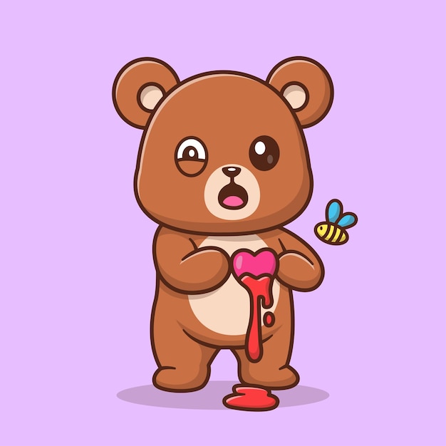 Vettore gratuito simpatico orso cuore spezzato con honeybee cartoon vector icon illustration icona vacanza animale isolata