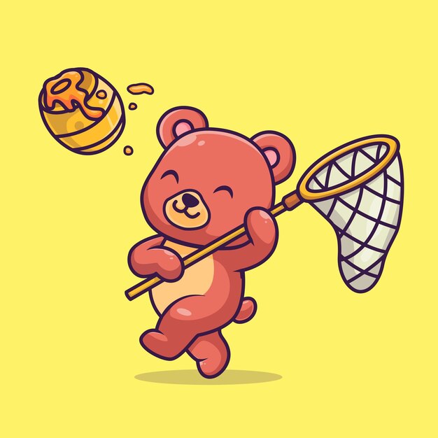 Cute Bear Catching Honey Comb With Fishing Net Cartoon Vector Icon Illustration. Animal Nature Icon