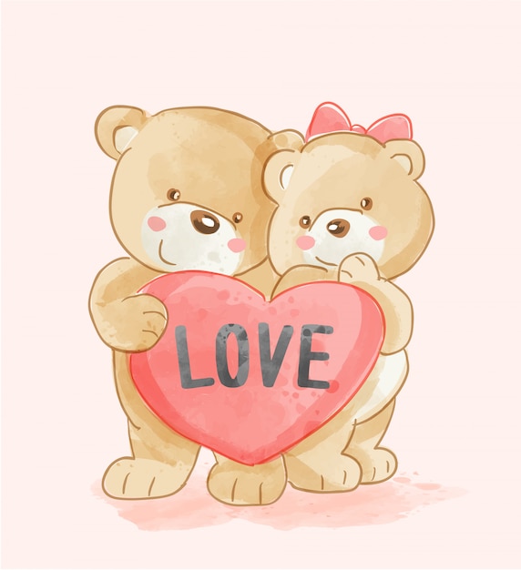 愛心のイラストがかわいいクマのカップル プレミアムベクター