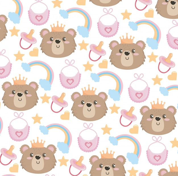 Free vector cute bear head with rainbow and bib pattern