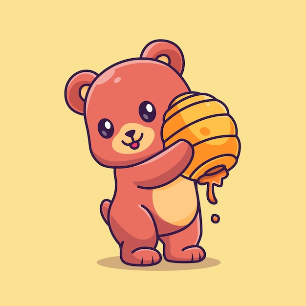 Cute Bear Holding Honeycomb Cartoon Vector Icon Illustration. Animal Nature Icon Concept Isolated