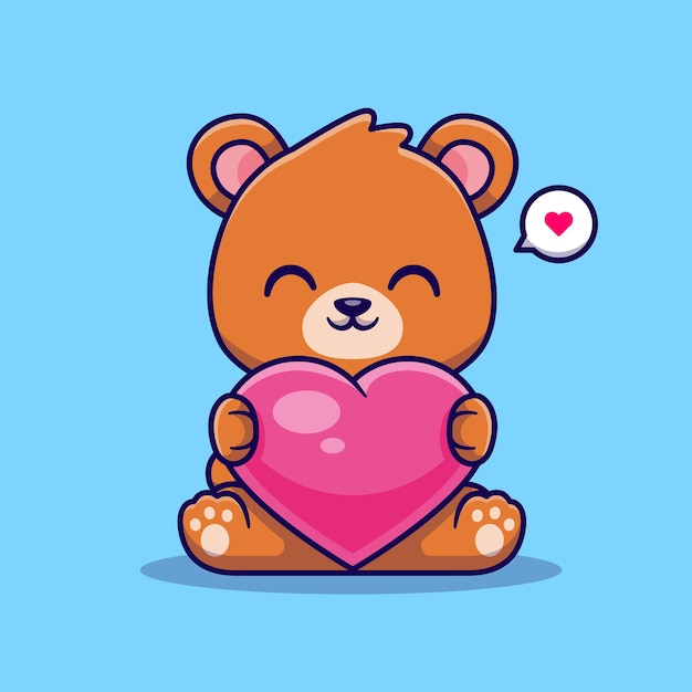 Милый медведь держит векторную икону мультфильма "Сердце любви". Изолированная концепция иконы природы животных