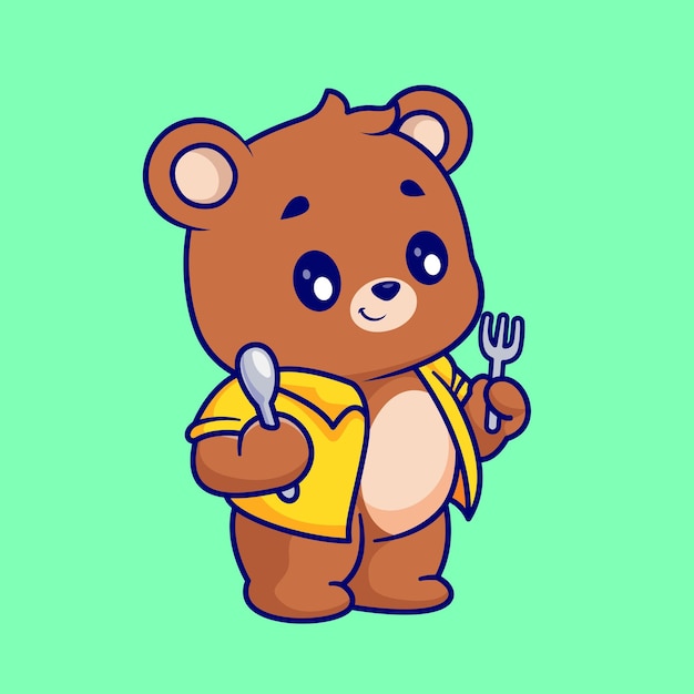 Vettore gratuito illustrazione sveglia dell'icona di vettore del fumetto della forchetta e del cucchiaio della tenuta dell'orso. concetto dell'icona dell'alimento animale isolato