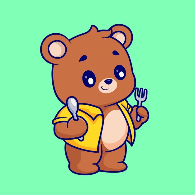 スプーンとフォークの漫画のベクトル アイコン イラストを保持しているかわいいクマ。分離された動物性食品アイコン コンセプト