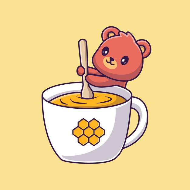 Cute Bear Mixing Honey Cartoon Vector Icon Illustration. Animal Drink Icon Concept Isolated Premium
