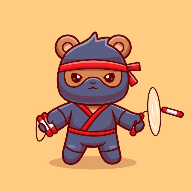 Ninja orso carino con arma a doppio bastone cartoon vector icon illustrazione animal holiday isolato