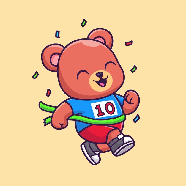 Cute bear running marathon cartoon vector icon illustration. animal sport icon concept isolated flat