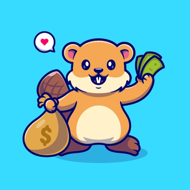 Cute Beaver Holding Money Bag Cartoon Vector Icon Illustration. Animal Finance Icon Concept Isolated