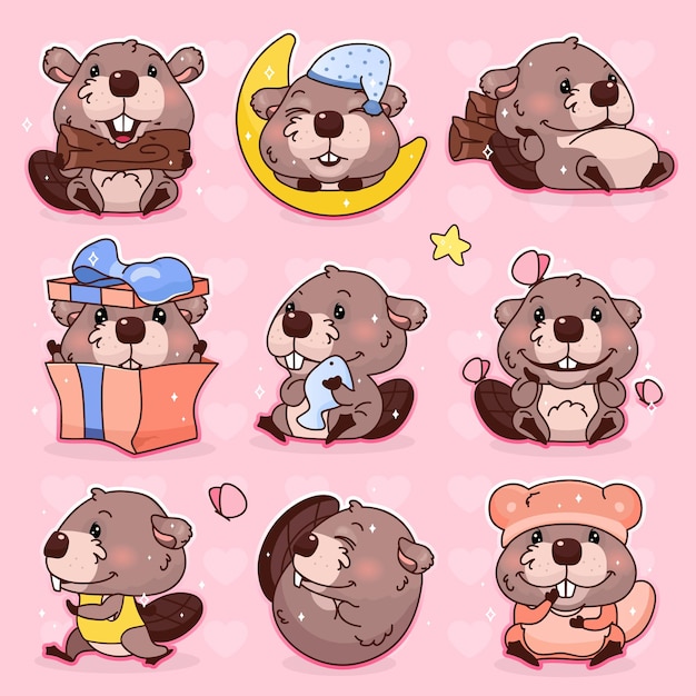 Premium Vector Cute Beaver Kawaii Cartoon Character Set Adorable Happy And Funny Animal Mascot Isolated Stickers Patches Pack Kids Badges Anime Baby Girl Beaver Emoji Emoticon On Pink Background