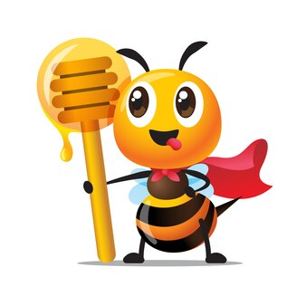 Симпатичный персонаж пчелы с высунутым языком в плаще, держащий большую медовую ковш