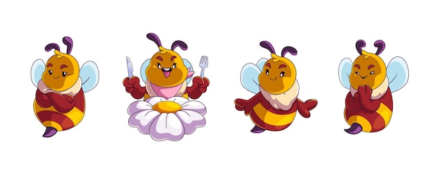 Free vector cute bee characters set isolated on white