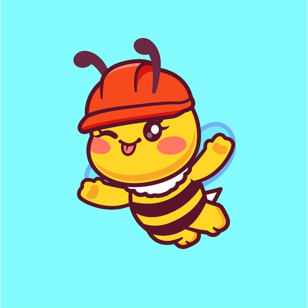 Free vector cute bee flying wearing hat cartoon vector icon illustration animal nature icon isolated flat