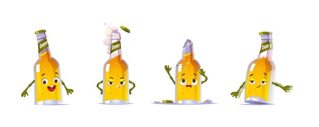 Free vector cute beer bottle character in different poses