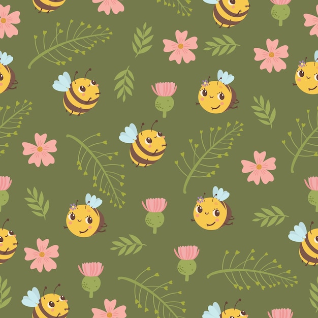 Cute bees on a green meadow pattern