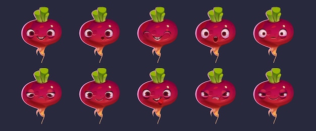 Cute beetroot or beet character face emoji set