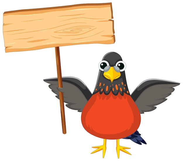 Cute bird cartoon character holding wooden banner