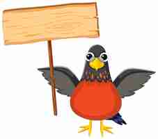 Free vector cute bird cartoon character holding wooden banner