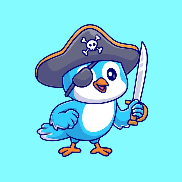 Free vector cute bird pirate holding sword cartoon vector icon illustration. animal holiday icon isolated flat