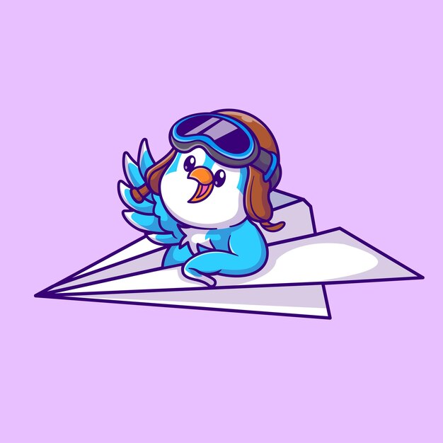 Cute Bird Riding Paper Airplane Cartoon Vector Icon Illustration Animal Transportation Icon Isolate