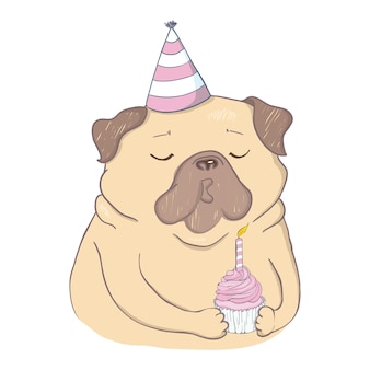 面白い子犬とかわいい誕生日カード。愛するパグとギフト。ベクトルイラスト。
