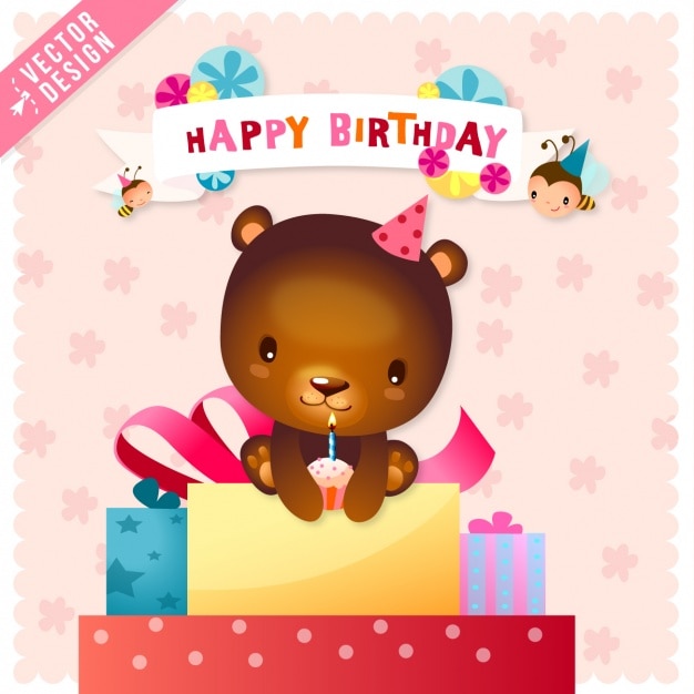 Free vector cute birthday card with a bear