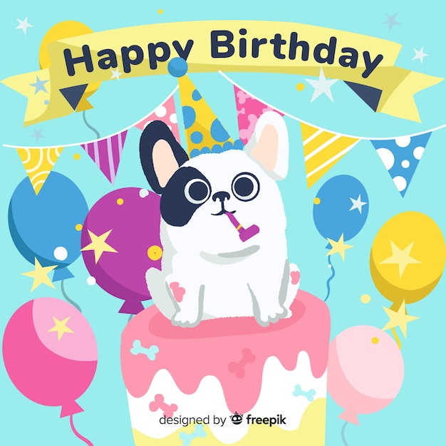 Free vector cute birthday card with dog on a cake