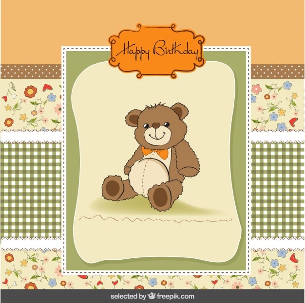 Free vector cute birthday card with teddy bear