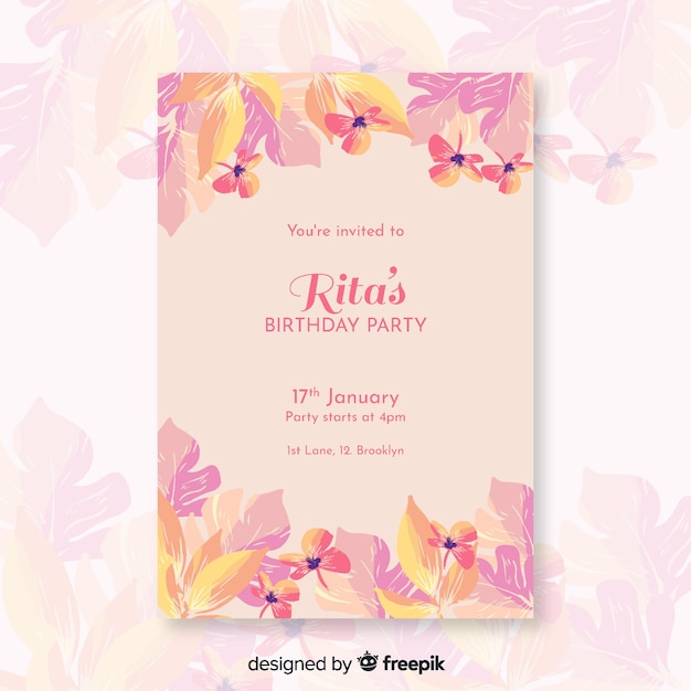 Free vector cute birthday invitation with flowers template