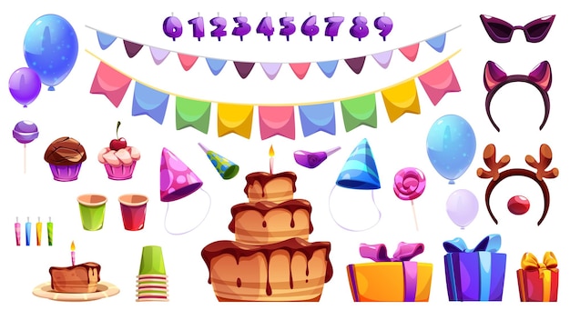 Cute birthday vector party element set with cake