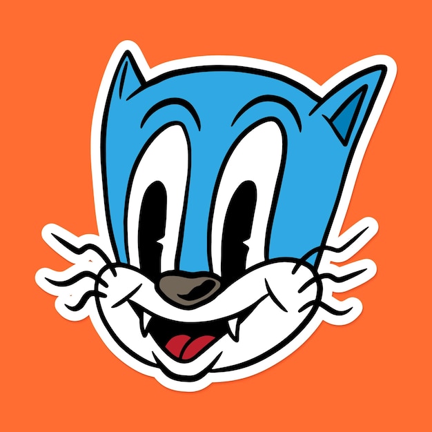 오렌지 배경 벡터에 귀여운 파란 고양이 만화 스티커