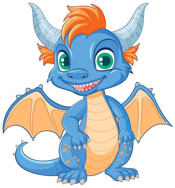 Cute blue dragon cartoon character sitting isolated