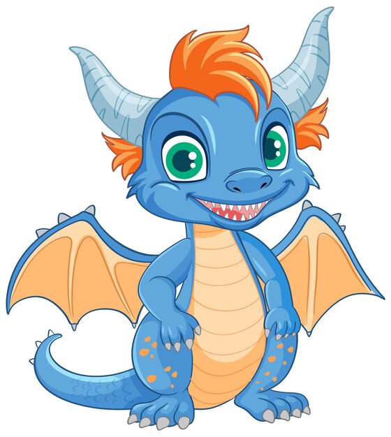 Cute blue dragon cartoon character standing isolated