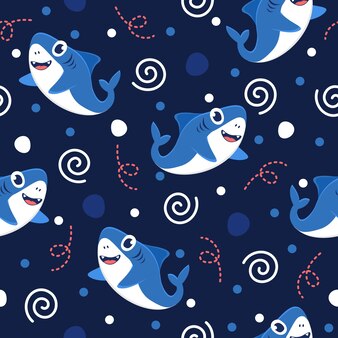 漫画のサメのパターン かわいい海水魚とのシームレスな背景 プレミアムベクター 漫画のサメのパターン かわいい海水魚とのシームレスな背景 プレミアムベクター