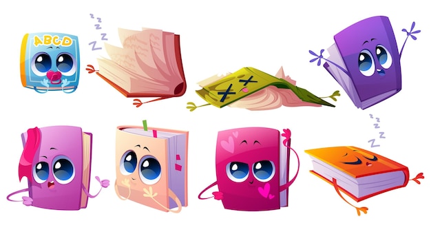 Cute books characters with bookmarks and faces