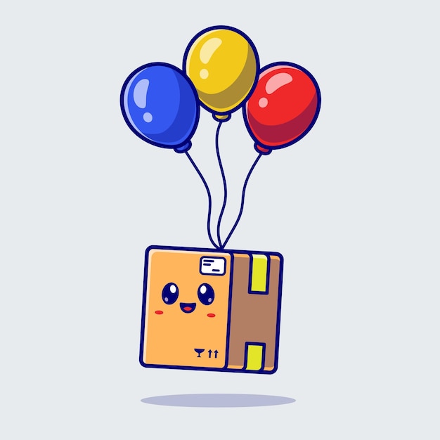 Cute box floating with balloon vector icon illustration. industrial object icon concept isolated premium vector. flat cartoon style