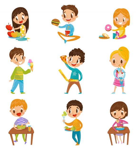 かわいい男の子と女の子の朝食またはランチセット 白い背景の上の食事イラストを楽しむ子供たち プレミアムベクター