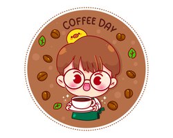 Cute boy barista in apron holding a coffee cup logo cartoon character illustration