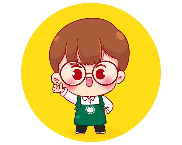 Cute boy barista character in apron cartoon character illustration