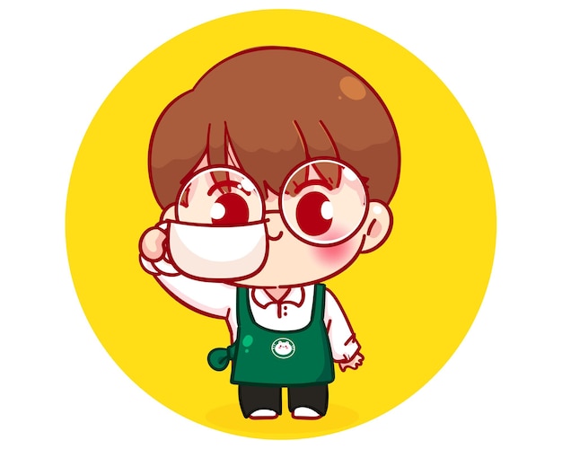 エプロン漫画のキャラクターイラストでかわいい男の子バリスタキャラクター 無料のベクター