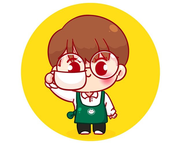 招待プレゼント漫画のキャラクターイラストとエプロンのかわいいカップルバリスタ プレミアムベクター