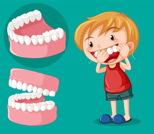 Free vector cute boy cartoon character flossing teeth