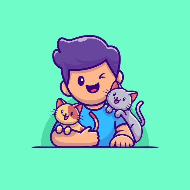 Cute boy cat lover with cat cartoon illustration