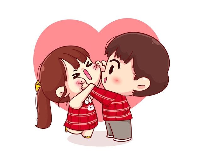Cute boy cheek pinching his girlfriend, happy valentine, cartoon character illustration
